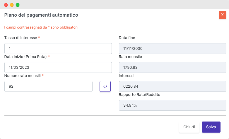Piano dei Pagamenti — schermata del software Lexdebita per il sovraindebitamento