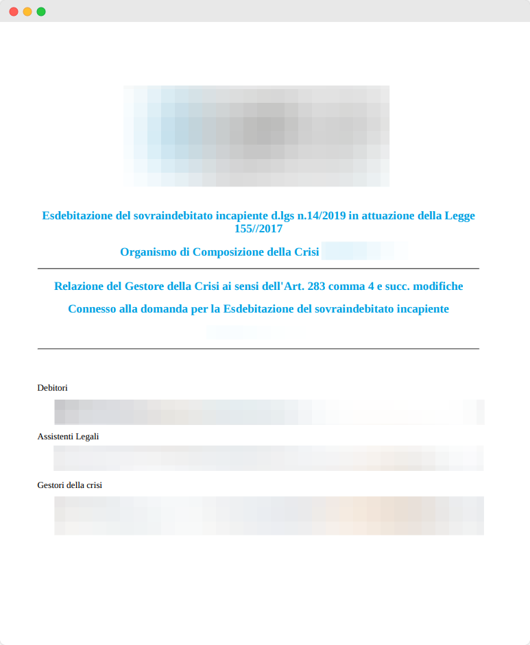 Relazione Particolareggiata — schermata del software Lexdebita per il sovraindebitamento